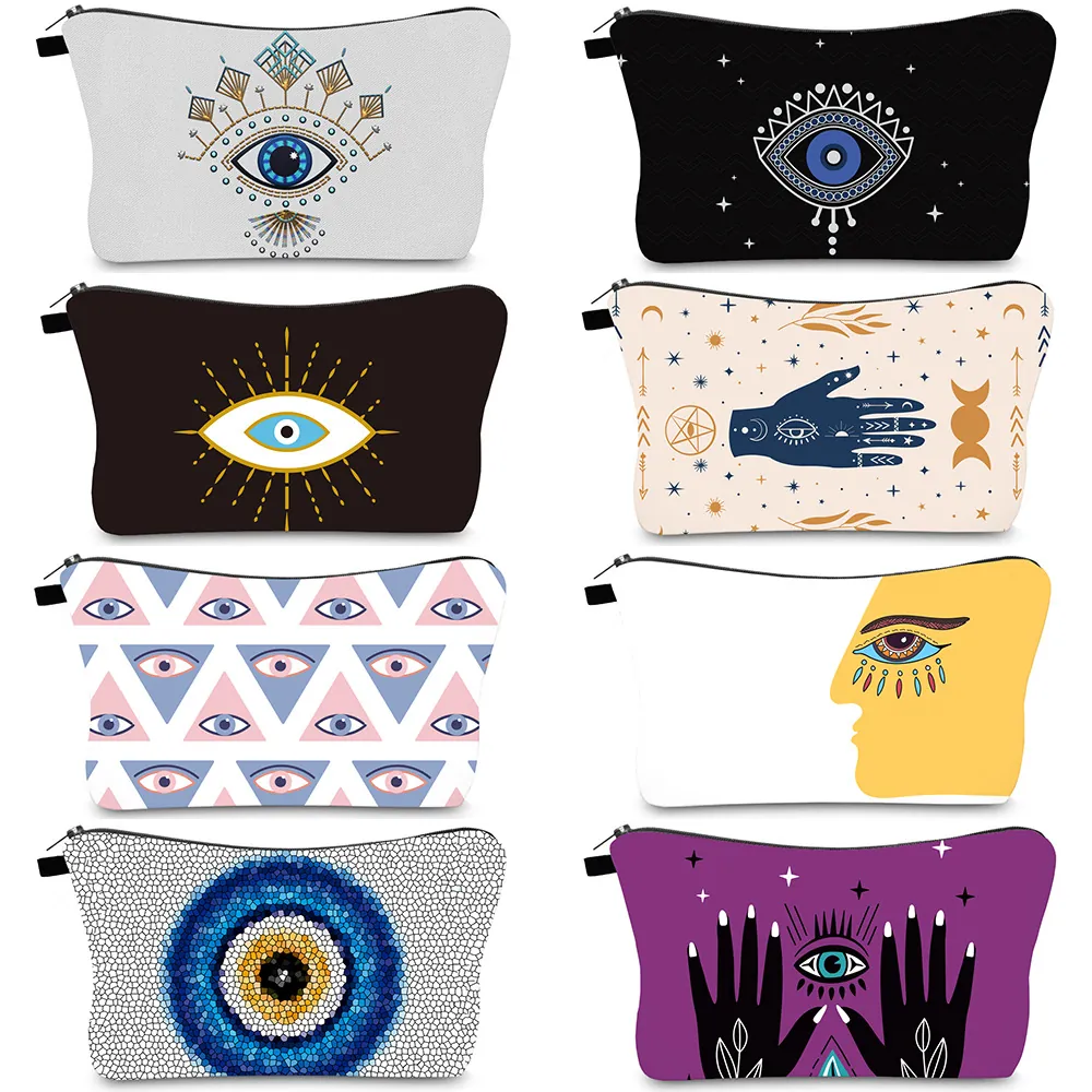Evil Eye Print Cosmetic Bag Waterproof Polyester Travel Toiletry Pouch Hamsa Hand Mystery Pattern Handheld Organizer