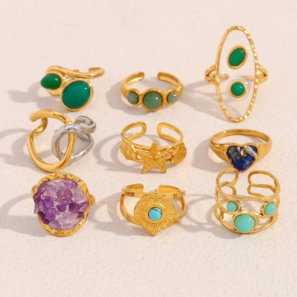 Vintage Open Ring 18K Gold Plated Stainless Steel Heart Starfish Faux Emerald Gemstone Natural Gravel Jewelry For Women