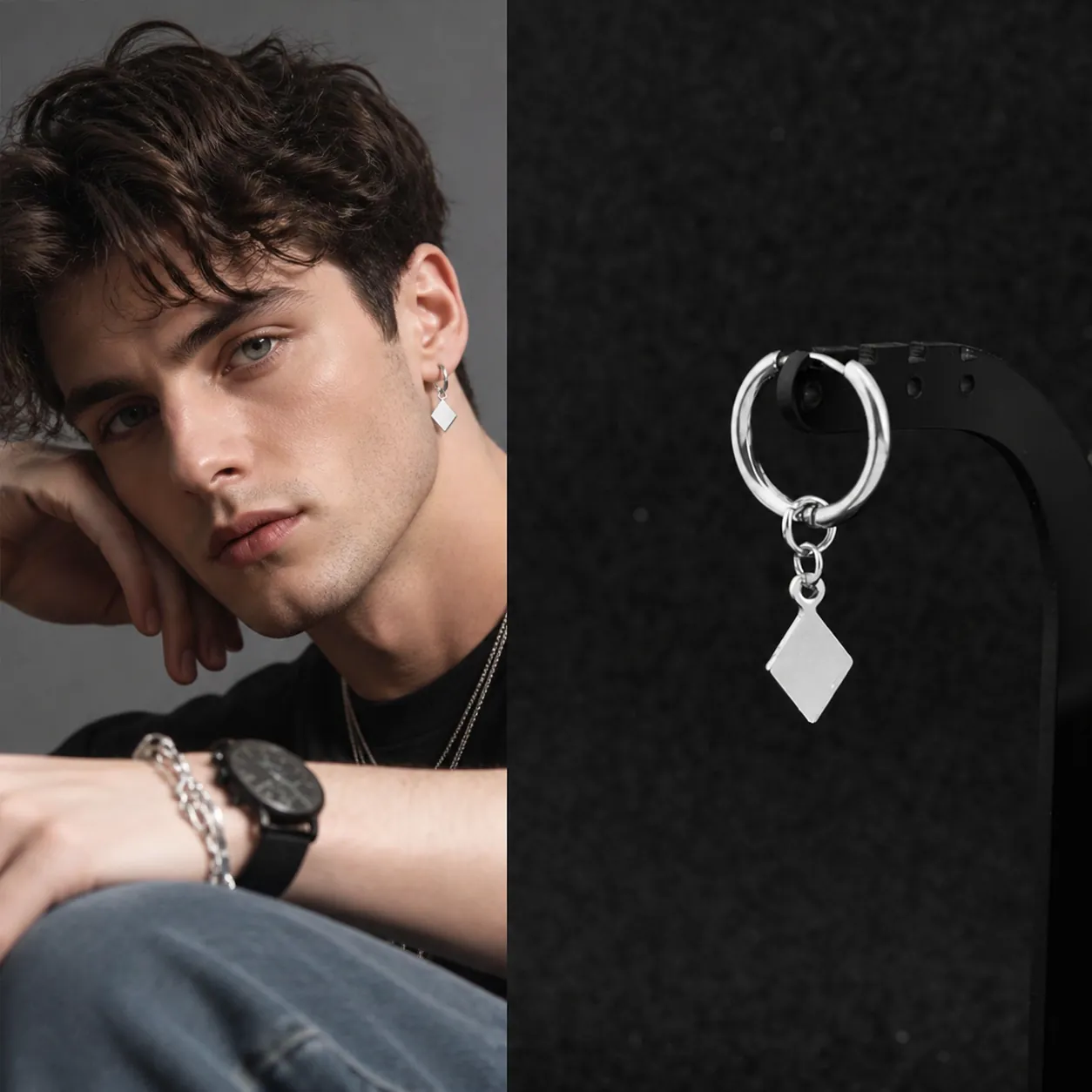 Stainless Steel Hoop Earrings Rhombus Geometric Pendant Minimalist Hip Hop Streetwear Unisex Jewelry Pierced And Clip On