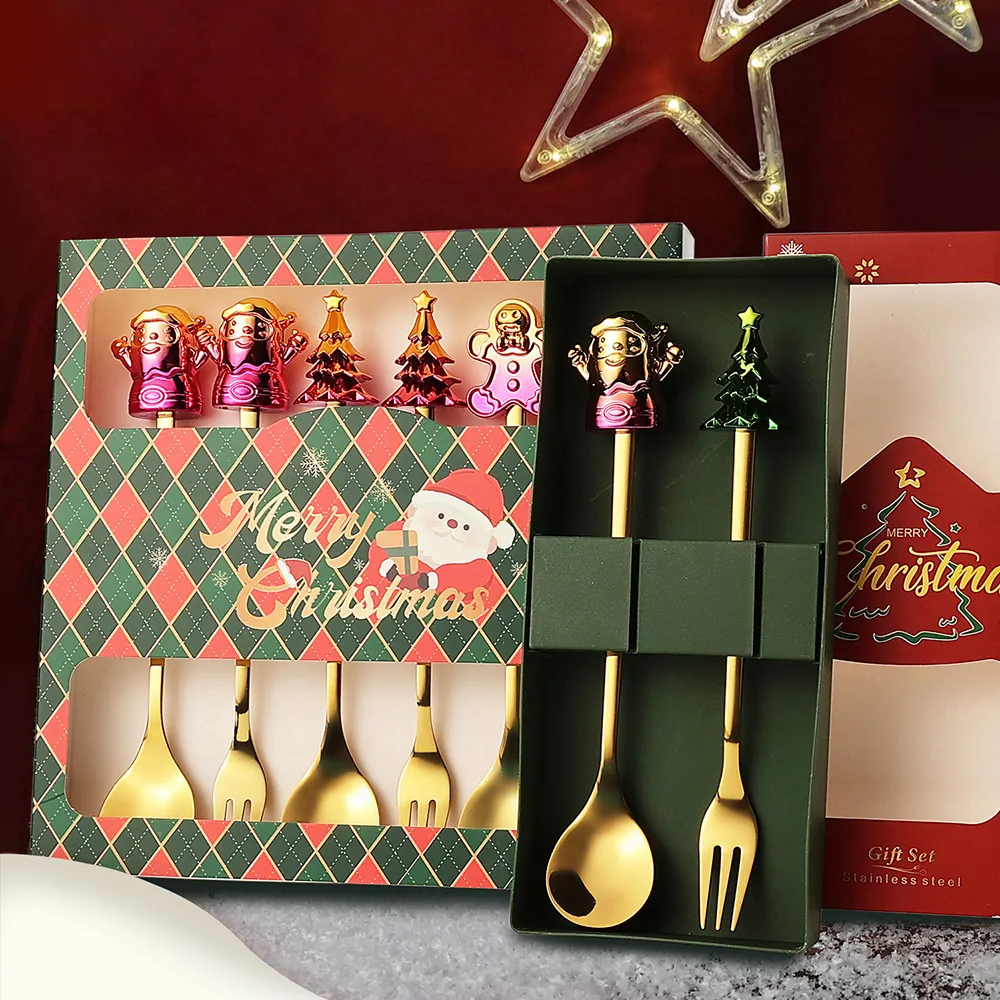 Christmas Spoons And Forks Stainless Steel Cartoon Santa Reindeer Tree Dessert Coffee Stirring Festive Creative Dinnerware