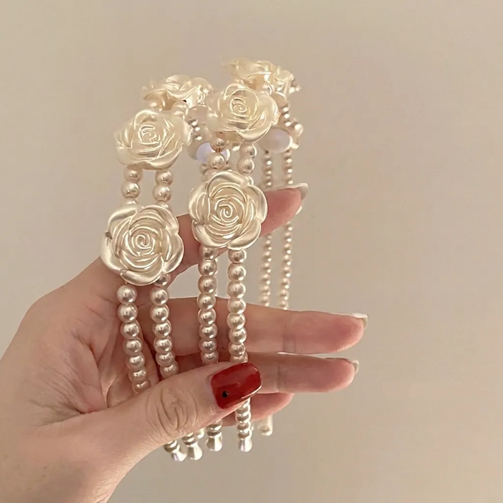French Vintage Rose Floral Headband Double Layer Faux Artificial Pearl Hair Hoop Elegant Retro Hair Accessories For Women
