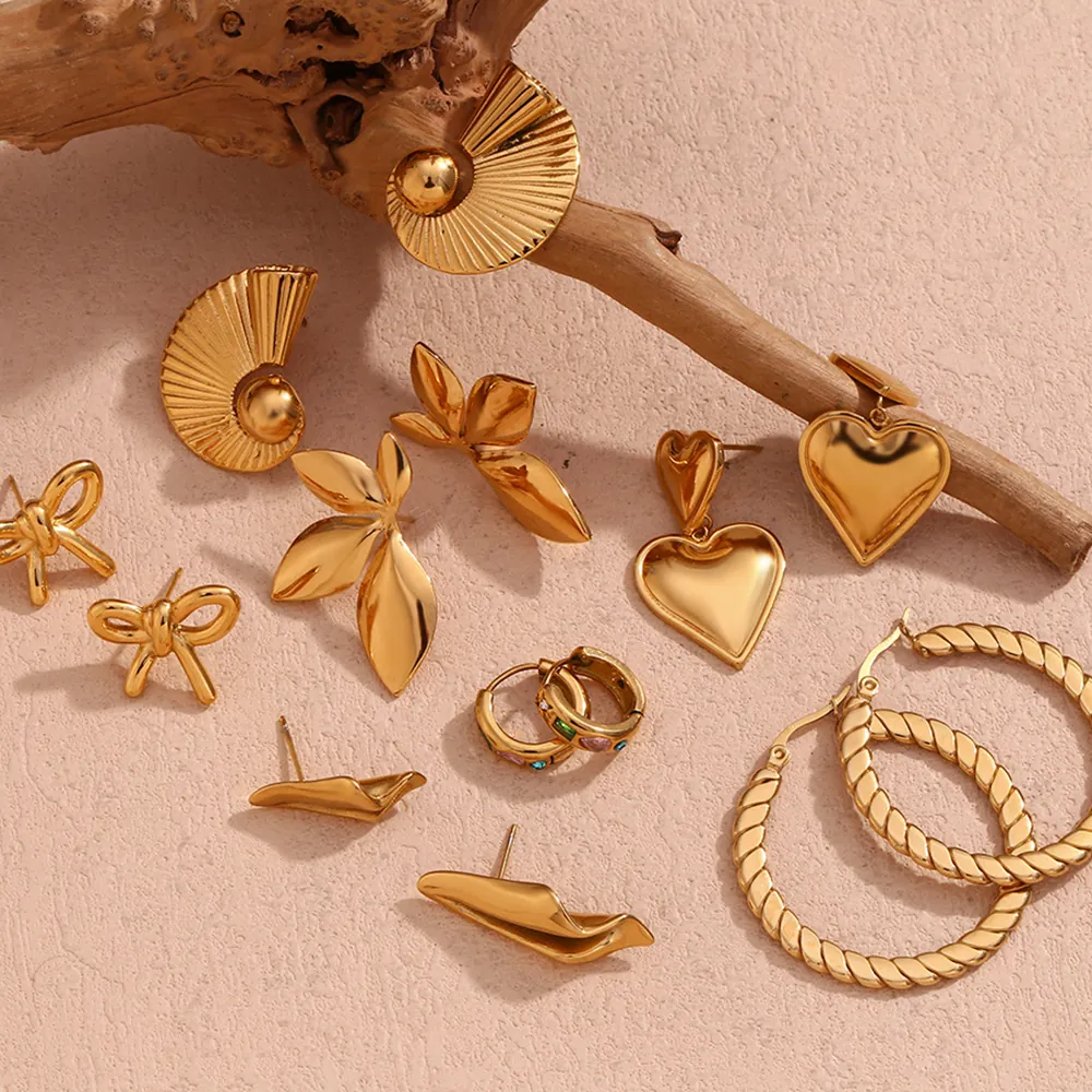 18K Gold Plated Stainless Steel Zirconia Heart Butterfly Leaf Fan Shaped Stud Earrings Set For Women Fashion Jewelry