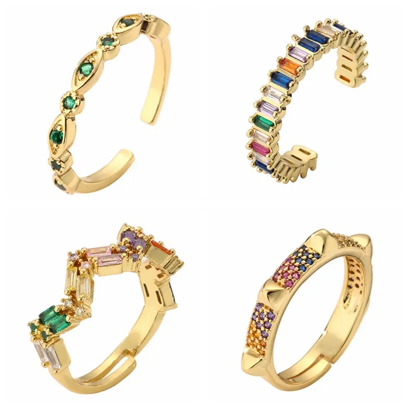 Bagues Ouvertes Ajustables Cuivre Plaqué Or Zircone Cubique Colorée Micro Pavé Bijoux Style Hip Hop Pour Femmes Hommes