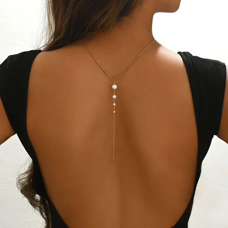 Backdrop Necklace Stainless Steel Gold Plated With Gradient Faux Artificial Pearls Vintage Elegant Tassel Jewelry For Women