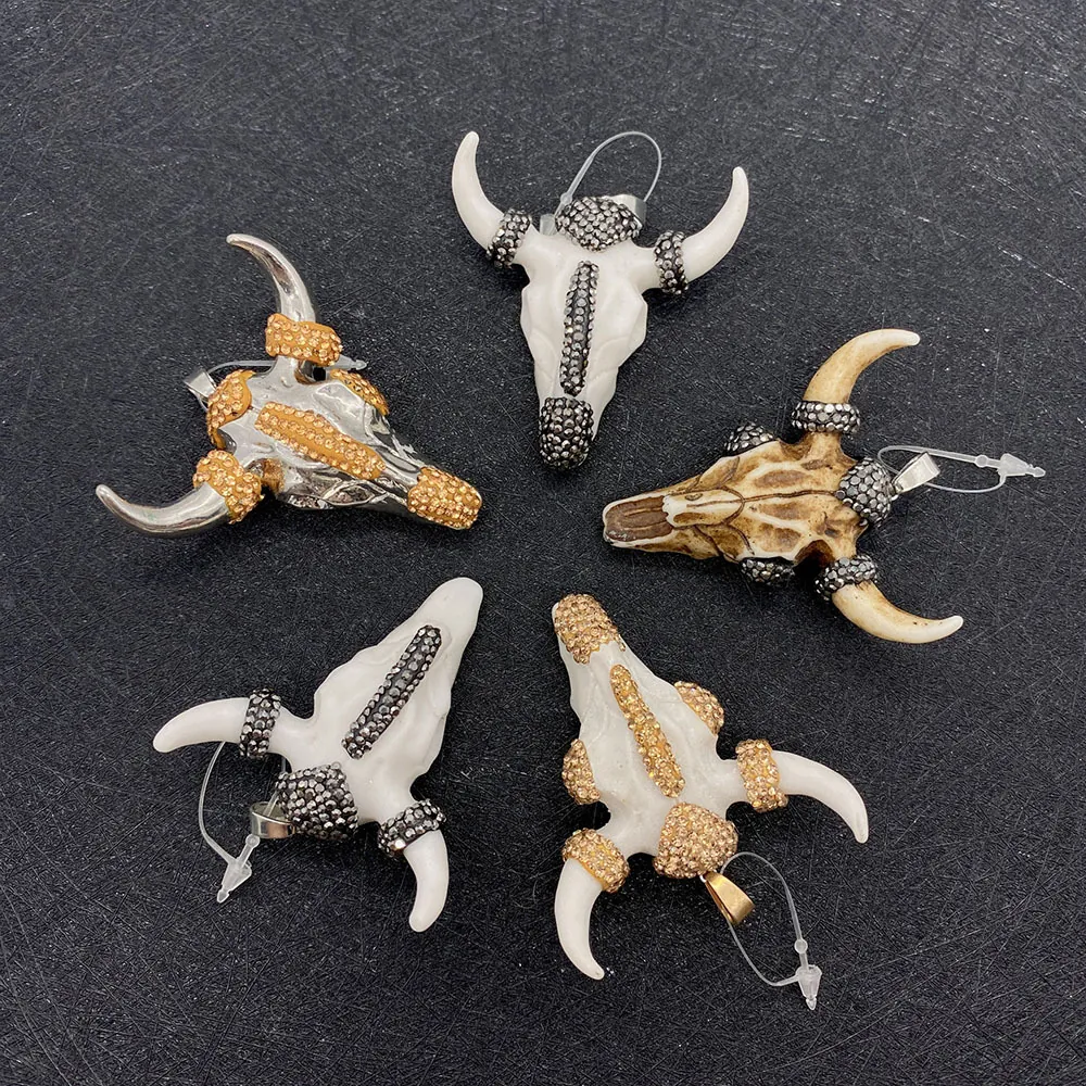 Bull Head Skull Pendants Acrylic Rhinestone Inlaid DIY Jewelry Making Findings Western Bohemian Ethnic Style Charms