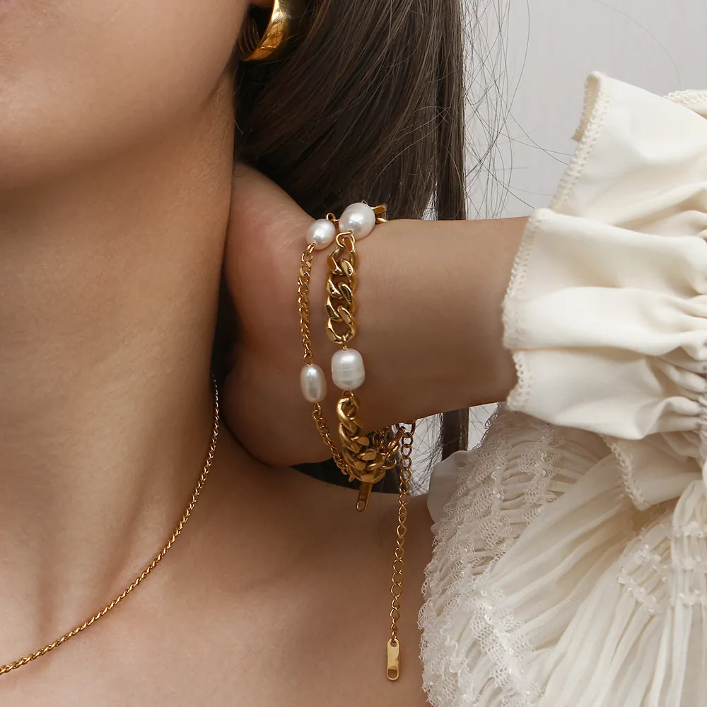 Artificial Pearl Cuban Chain Bracelet Stainless Steel Gold Plated Adjustable Fashion Jewelry Gift For Women Elegant Style