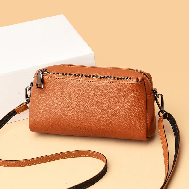 Women Genuine Leather Crossbody Bag Litchi Pattern Top Layer Cowhide Small Shoulder Bag Fashion Casual Multi Zip Clutch