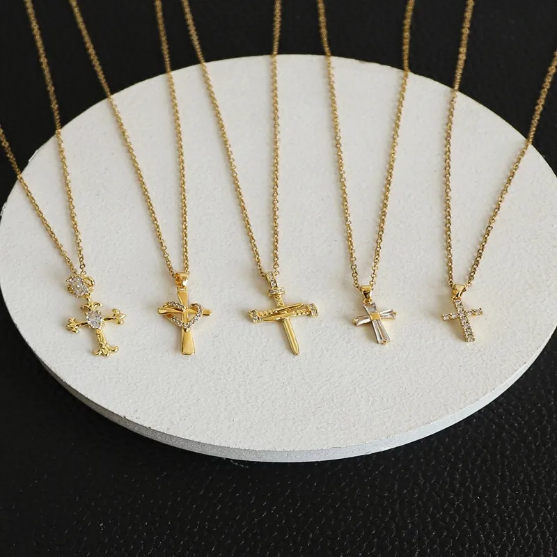 Cross Pendant Necklace With Stainless Steel Chain Copper Zircon Sparkling Fashion Jewelry Gift For Women