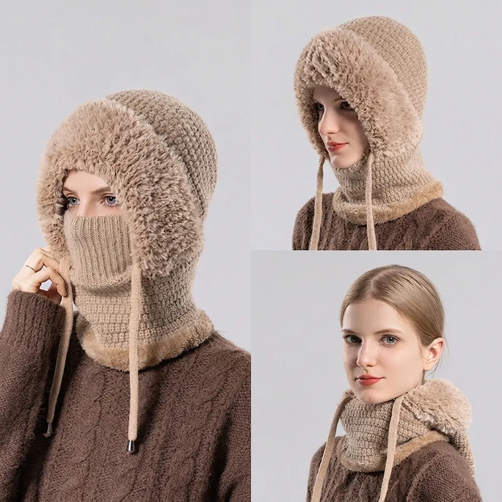 Women Winter Balaclava Hat Integrated Knit Scarf Mask Thickened Fleece Lined Windproof Outdoor Cycling Acrylic Faux Fur Trim