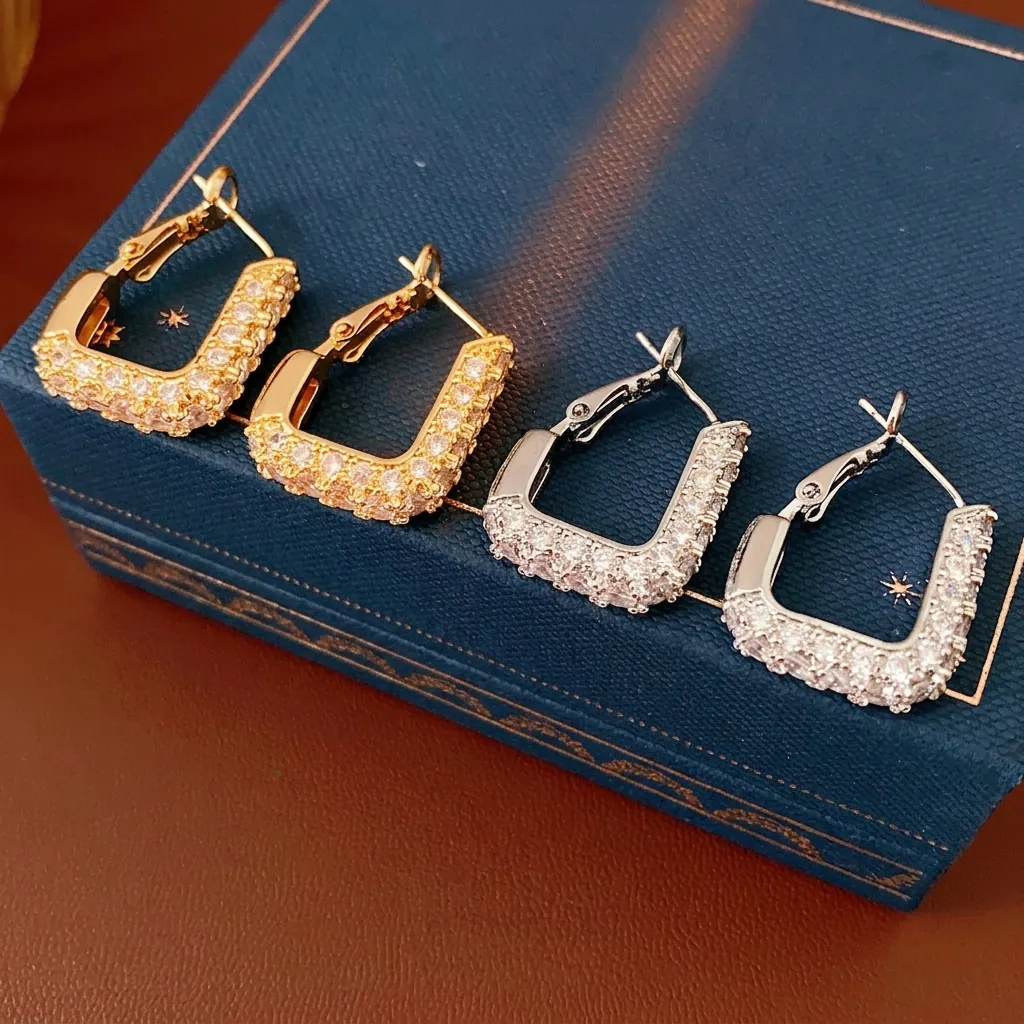 Boucles D'oreilles Créoles Carrées Géométriques Avec Tige En Argent Sterling 925 Cuivre Zirconia Bijoux Élégants Pour Femmes