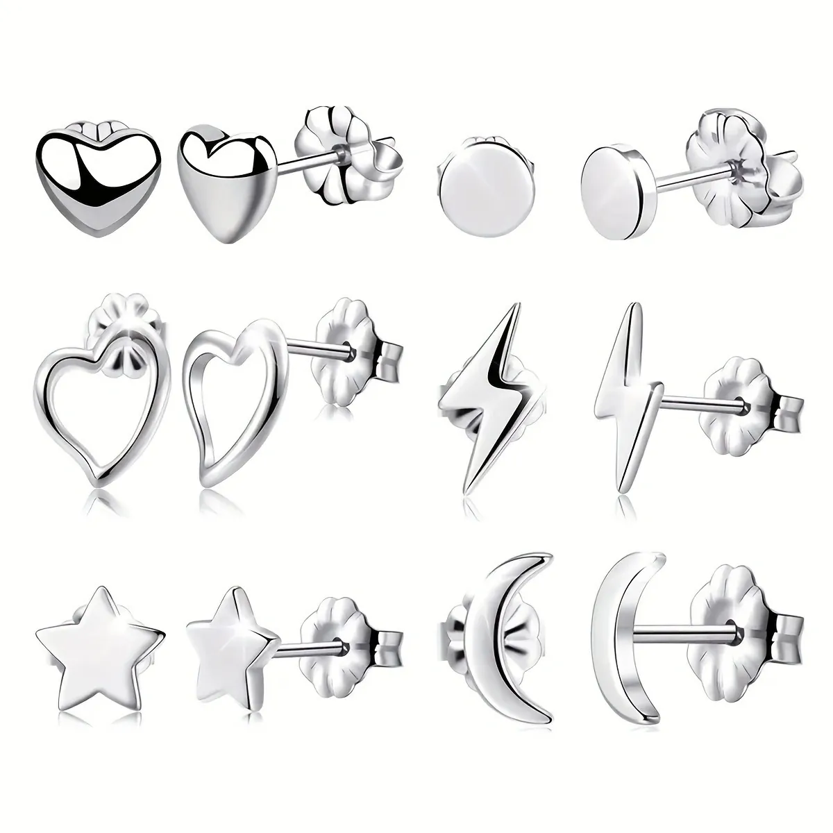Minimalist Stainless Steel Stud Earrings Silver Heart Moon Star Lightning Round Geometric Jewelry For Women Men