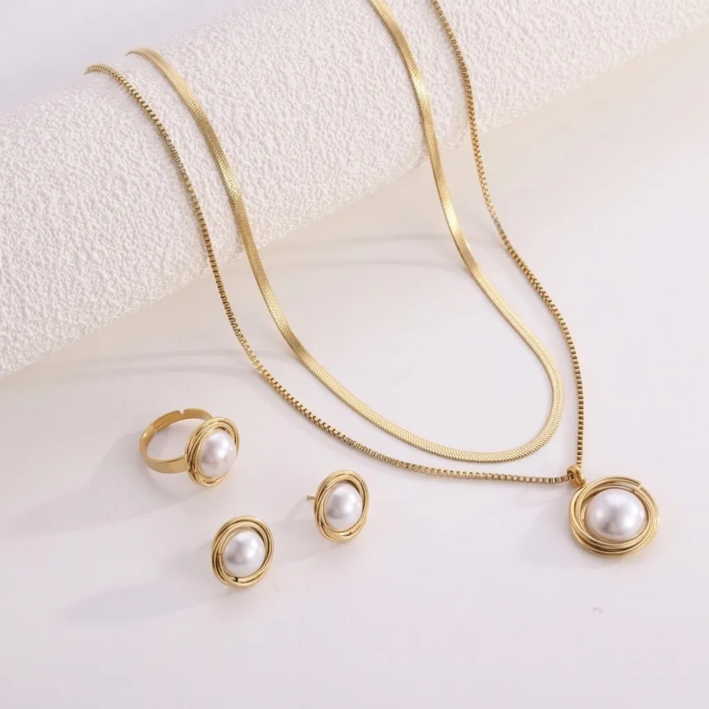 Elegant 18K Gold Plated Stainless Steel Faux Artificial Pearl Layered Necklace Earrings And Open Ring For Women Vintage Style