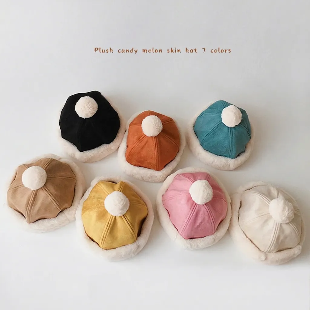 Winter Kids Faux Suede Beanie Hat Thickened Warm Faux Fur Trim Skull Cap With Pompom Polyester Children Landlord Hat