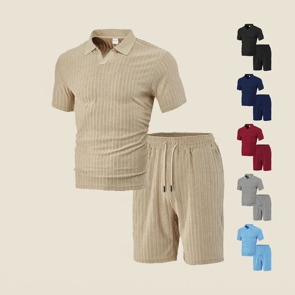 Men Short Sleeve Polo Shirt And Drawstring Shorts Ribbed Texture Summer Casual Breathable Lightweight