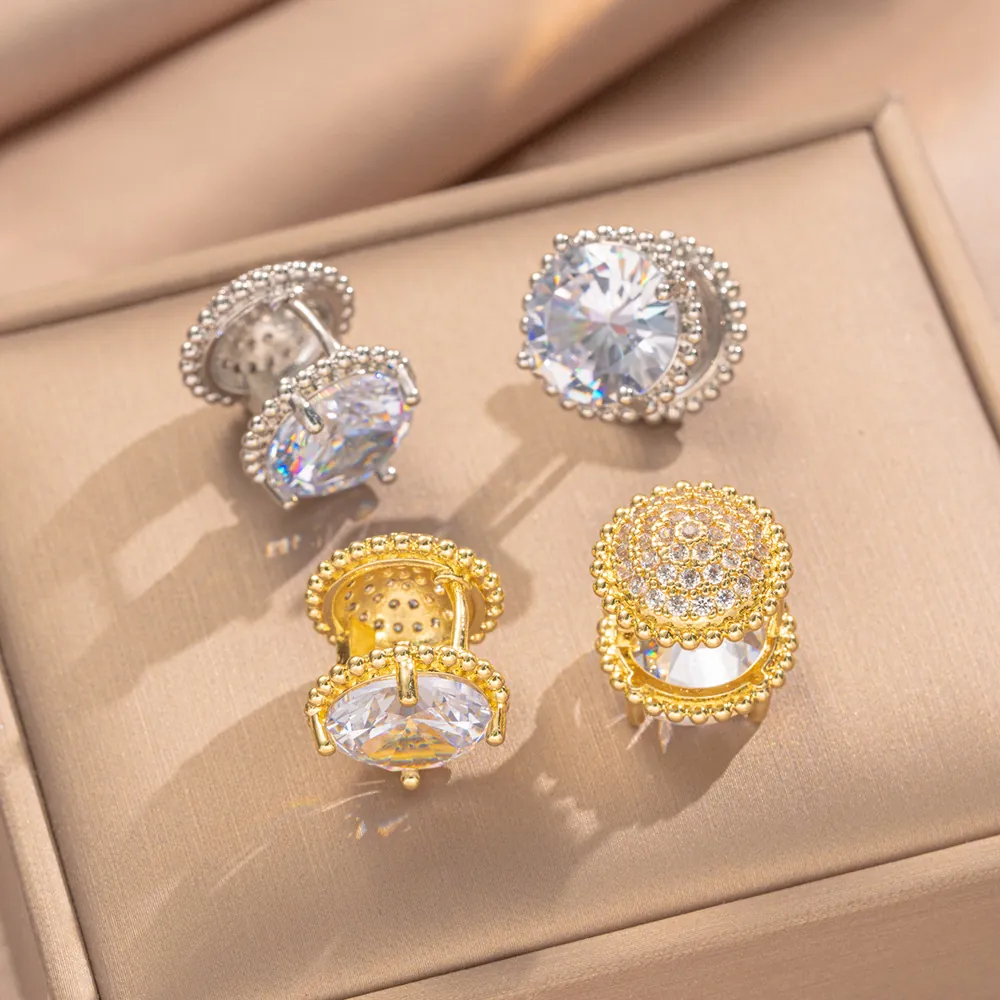 Französische Retro Geometrische Zirkon Ohrringe 18 Karat Vergoldetes Kupfer Mit Kupfer Ohrpfosten Doppelseitig Damen Schmuck