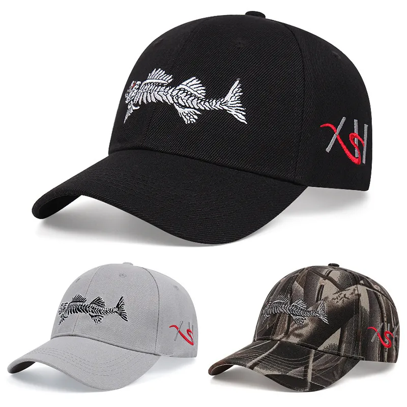 Fishbone Embroidery Baseball Cap Cotton Acrylic Sun Hat Outdoor Fishing Curved Brim Adjustable Sports Unisex