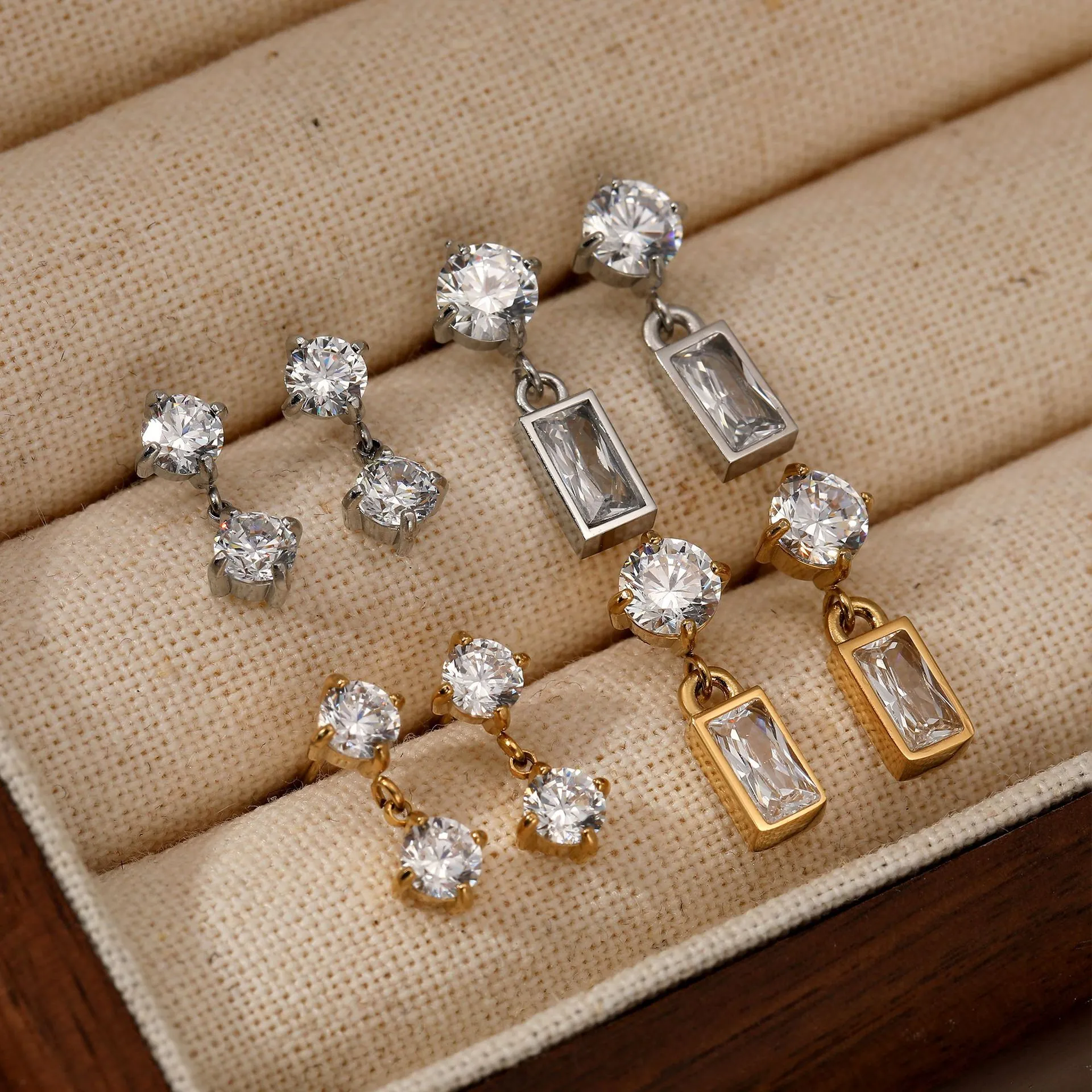 Geometric Zircon Drop Earrings Stainless Steel Waterproof Non-Fading Elegant Minimalist Jewelry For Women