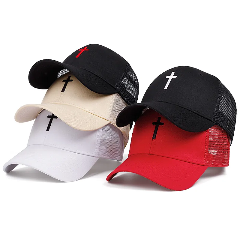 Trucker Hat Cotton Mesh Baseball Cap Vintage Cross Embroidery Breathable Sun Protection Snapback Streetwear Retro For Men Women