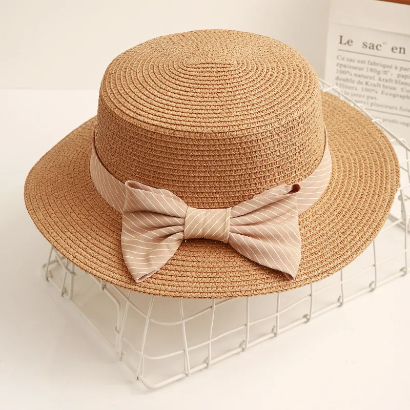 Women Boater Straw Hat Flat Top Sun Protection Wide Brim Striped Ribbon Bow French Retro Summer Beach Vacation