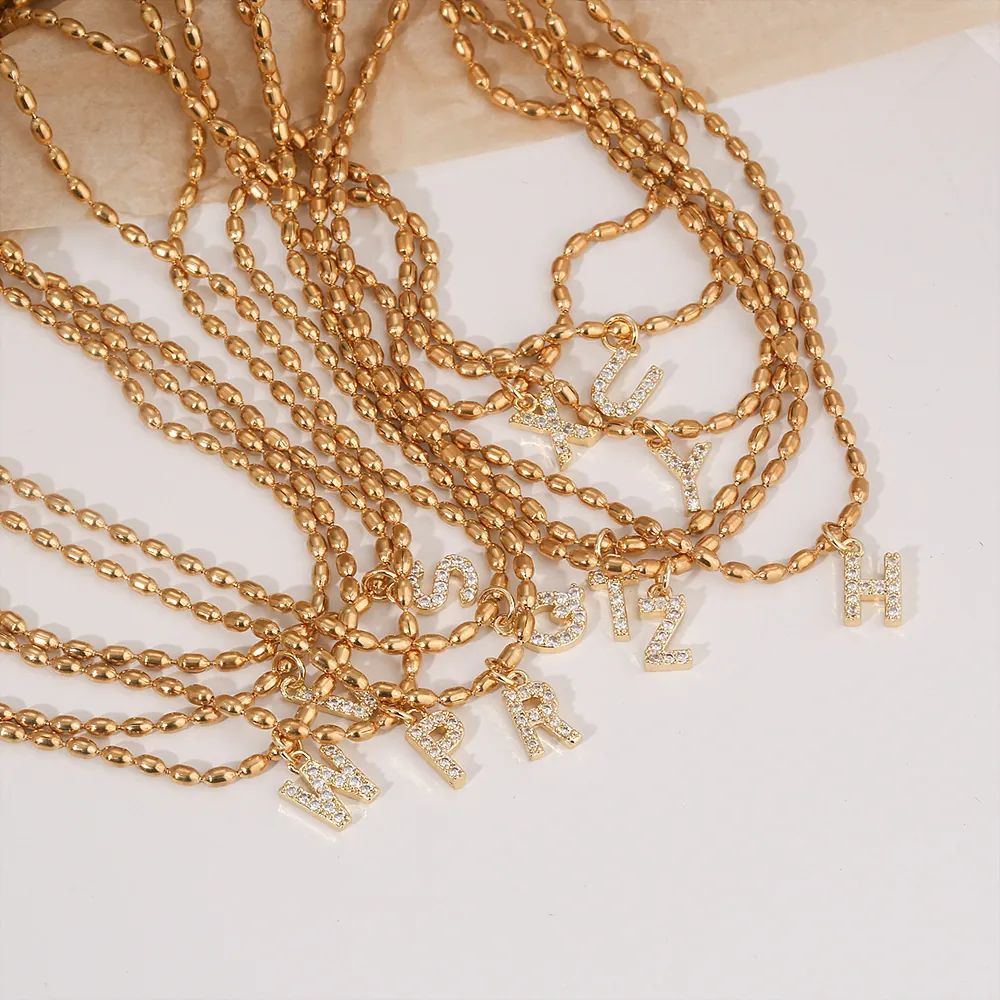 Initial Letter Pendant Necklace Stainless Steel Oval Bead Chain Zircon Inlaid Gold Plated Clavicle For Women
