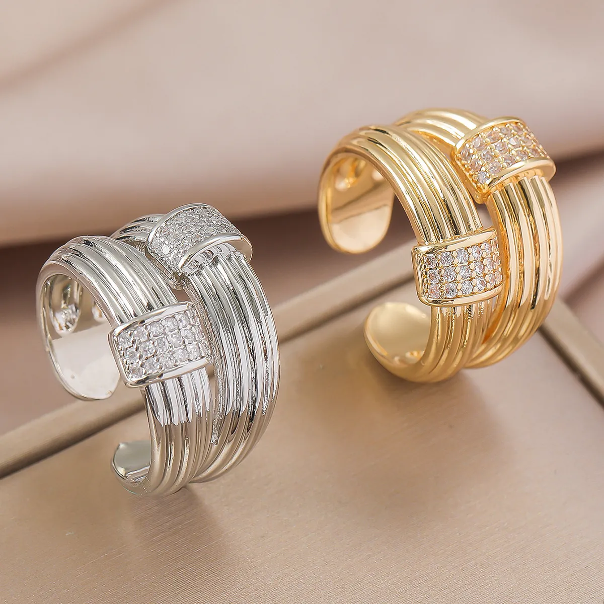 Luxury Copper Micro Pave Rhinestone Open Ring For Women Vintage Braided Wide Band Adjustable Finger Ring Fashion Jewelry Gift