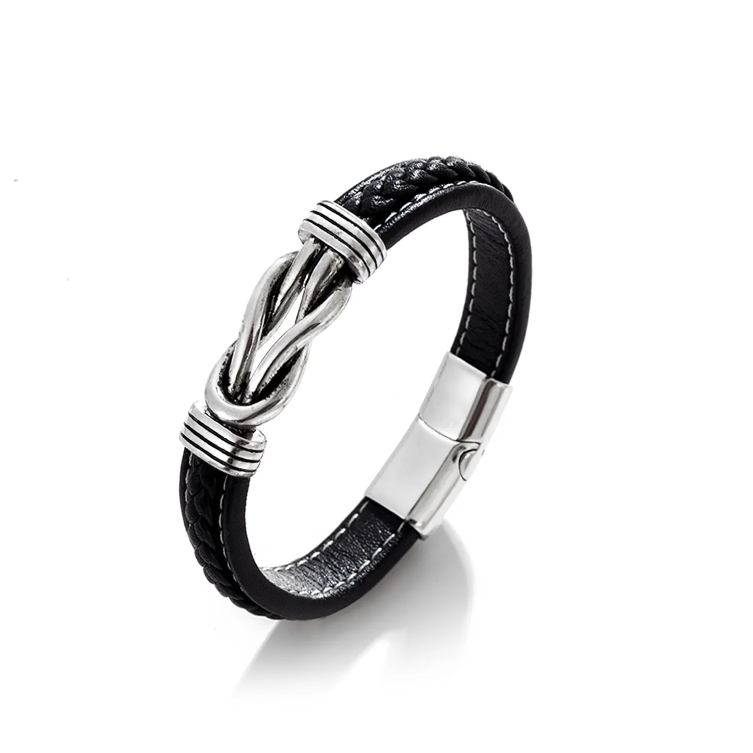 Men Braided Leather Bracelet With Stainless Steel Knot Magnetic Clasp Casual Fashion Wristband