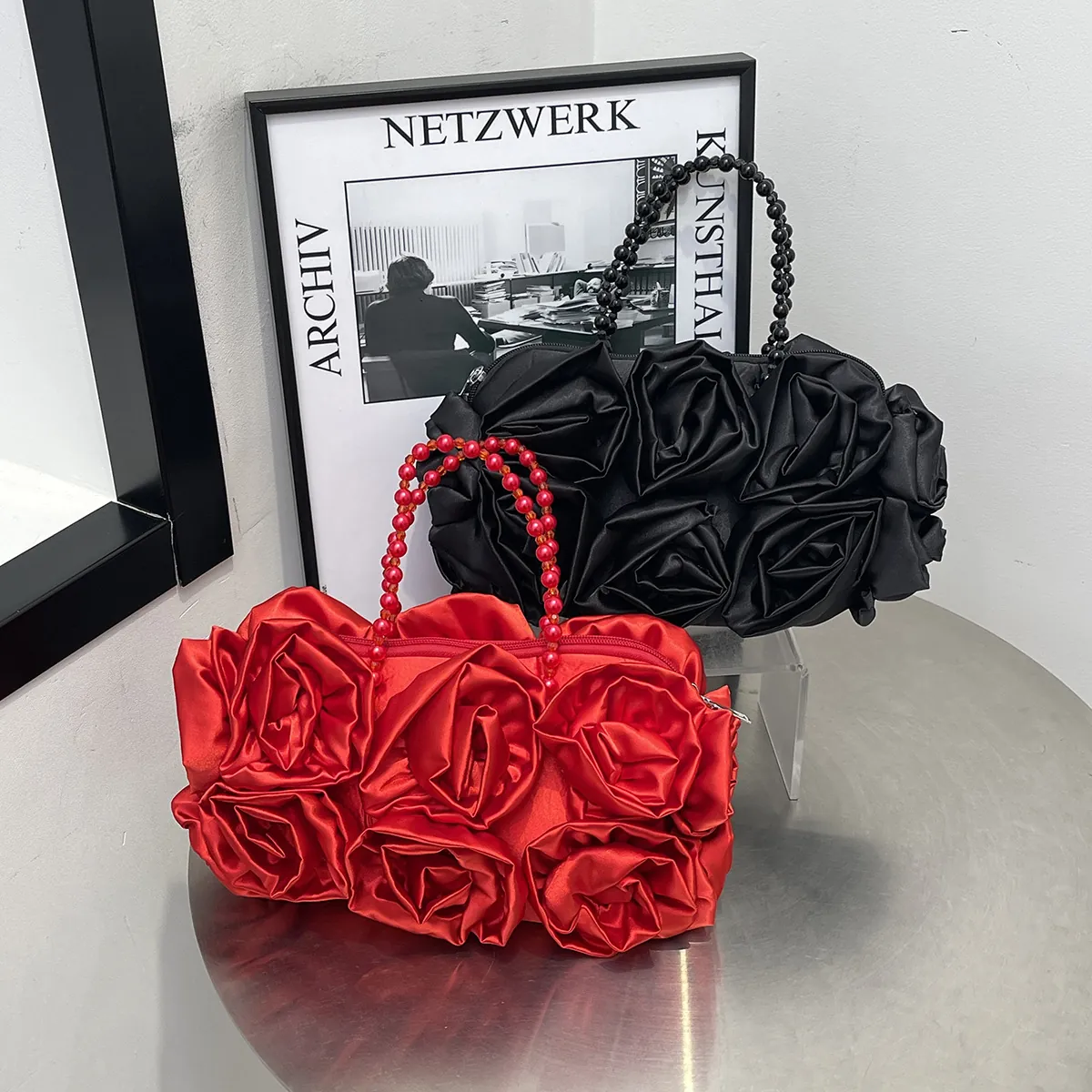Women Satin 3D Rose Flower Evening Handbag With Beaded Handle Retro Sweet Party Banquet Clutch Purse Lady