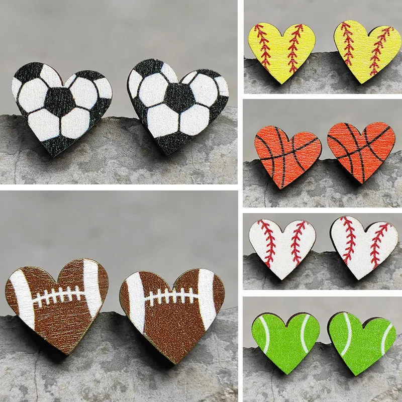 Sportball Holz Ohrstecker Mit Stahl Ohrringpfosten Herzform Fußball Baseball Basketball Fußball Muster Für Fans