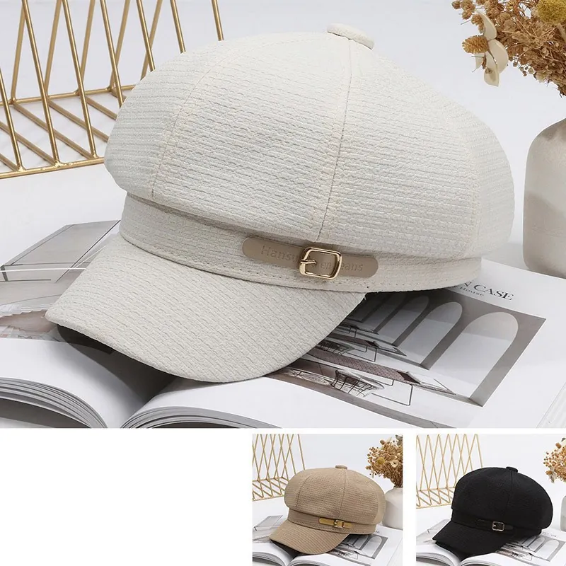 Women's Retro Waffle Texture Beret Newsboy Cap Vintage Octagonal Hat With Leather Strap Metal Buckle Casual Artist Hat