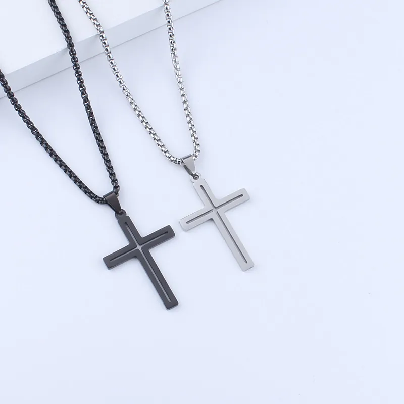 Stainless Steel Hollow Cross Pendant Necklace Hip Hop Punk Style Box Chain Fashion Religious Jewelry For Men Women