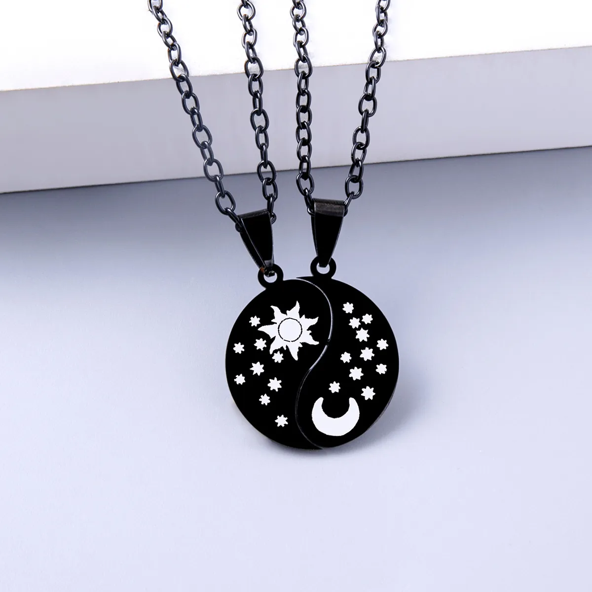 Stainless Steel Star Moon Sun Yin Yang Matching Pendant Necklaces Black Vintage Tai Chi Jewelry For Couples Friends