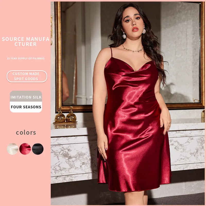 Plus Size Satin Nightgown Cowl Neck Spaghetti Strap Sleeveless V Neck Slip Dress Imitation Satin Loungewear For Women