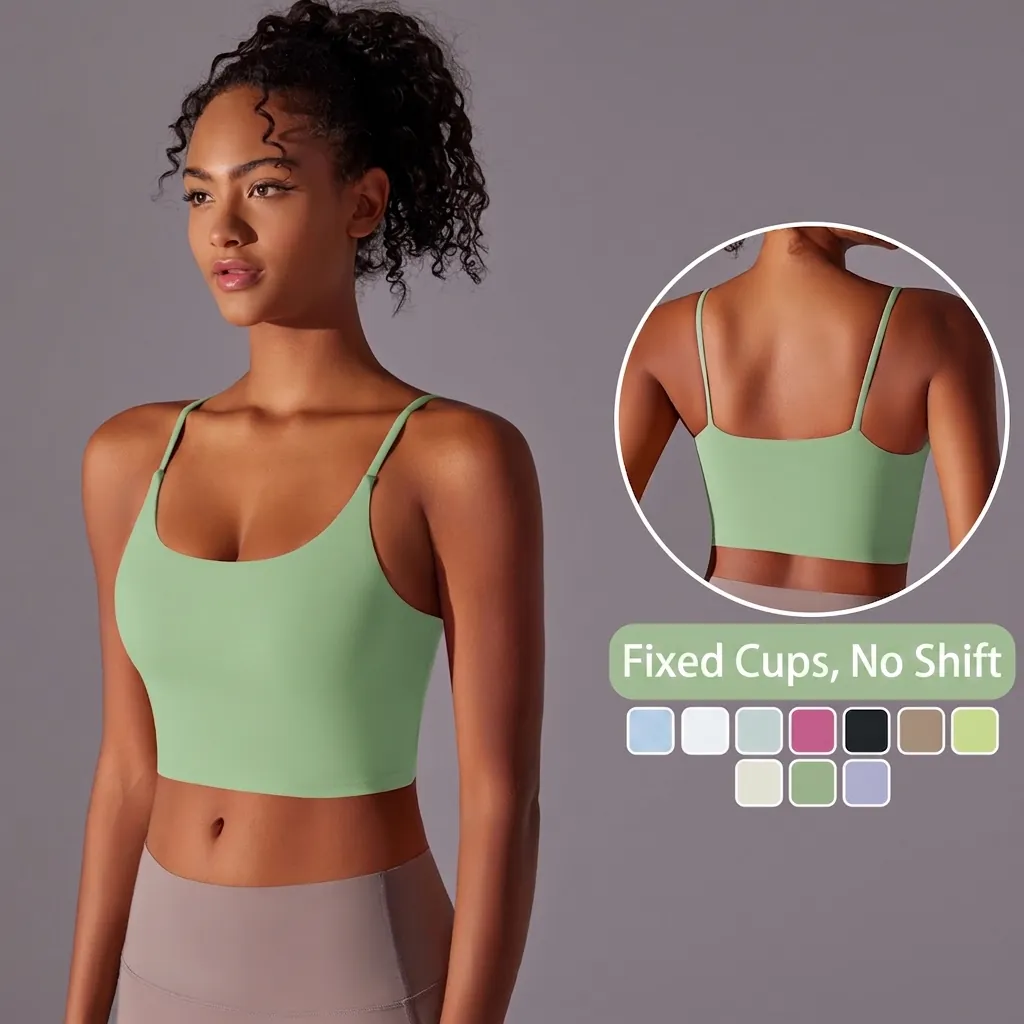 Women's Cropped Yoga Vest Fixed Padded Sports Bra Solid Color Thin Strap Backless Fitness Top Nylon Spandex Activewear