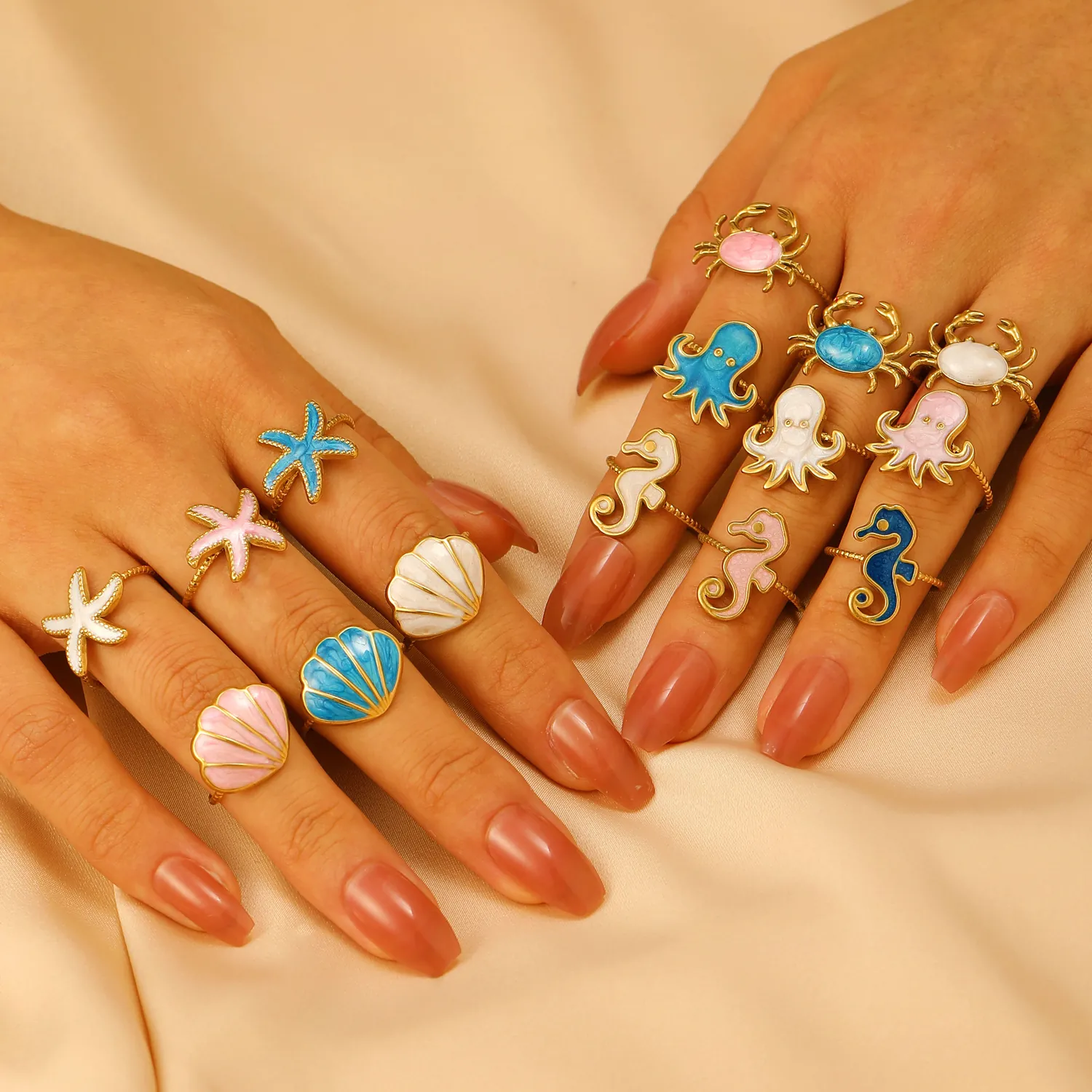 Stainless Steel Sea Shell Starfish Octopus Crab Seahorse Adjustable Rings For Women Enamel 18K Gold Plated Beach Jewelry