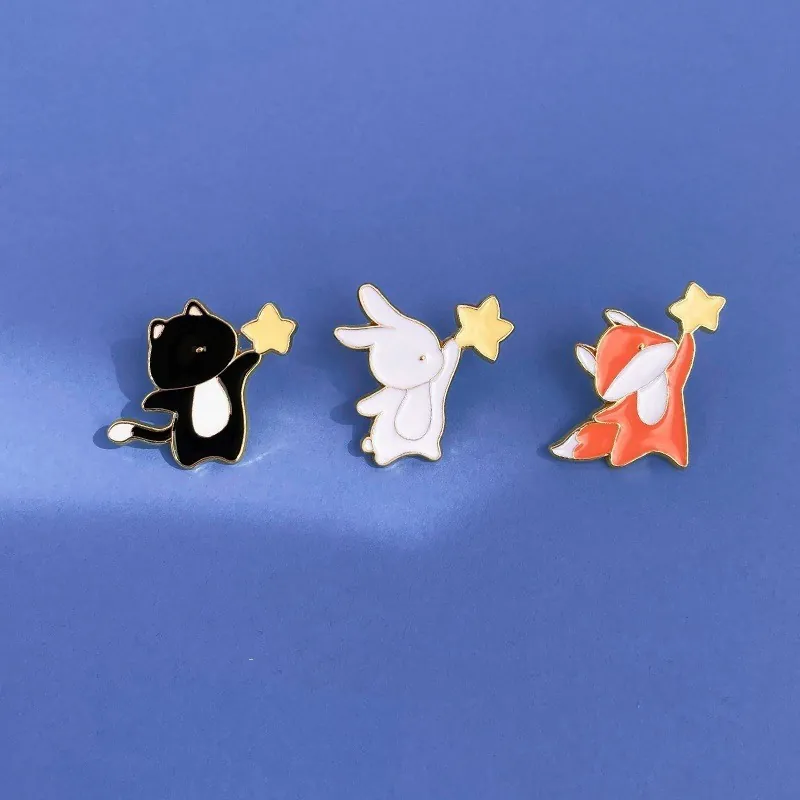 Cute Cartoon Animal Enamel Pin Badge Alloy Drip Oil Star Catching Rabbit Cat Fox Brooches Accessory For Backpack Clothes