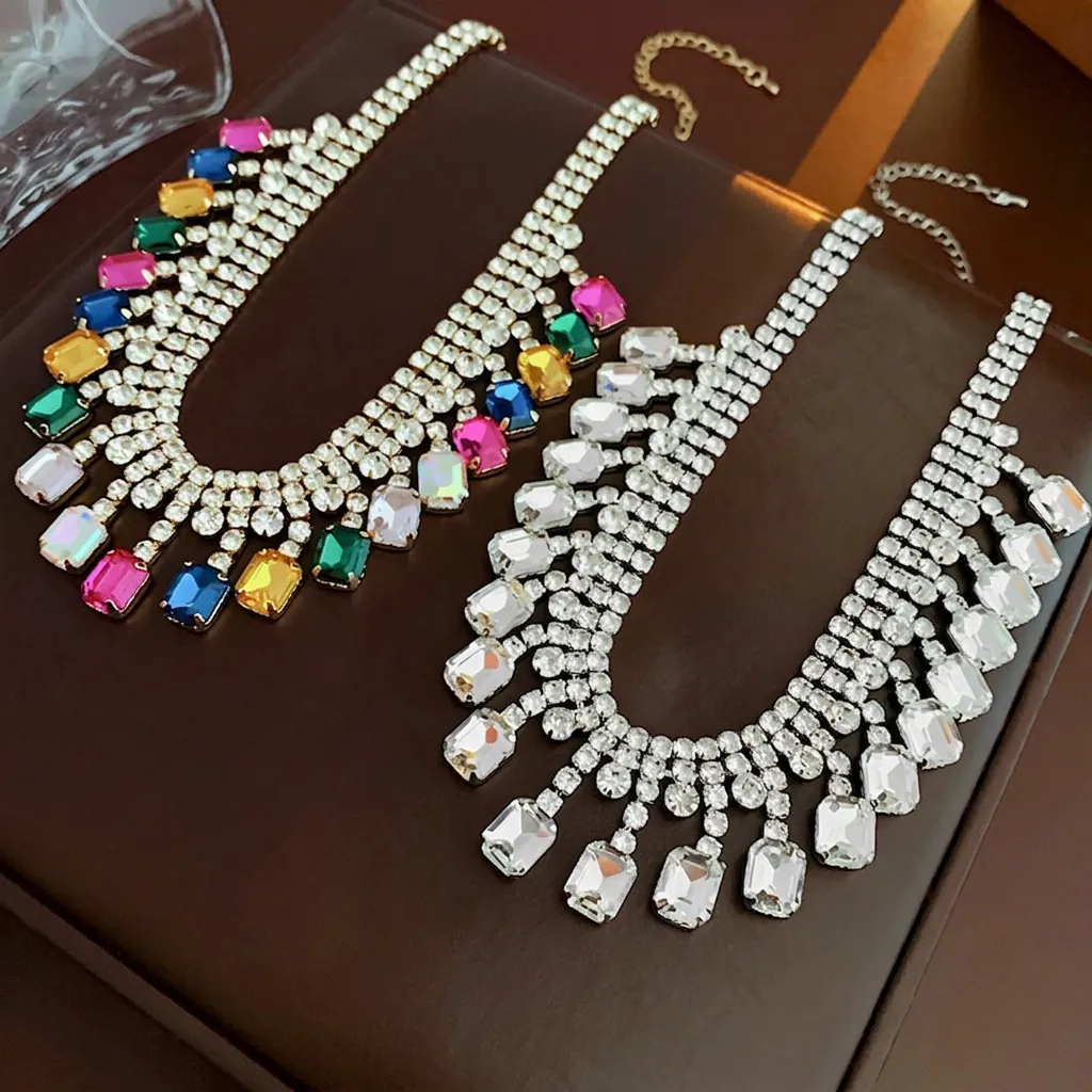 Collier Ras Du Cou De Luxe En Cuivre Avec Glands En Cristal Strass Carrés Style Français Bijoux De Fête Élégants Femmes