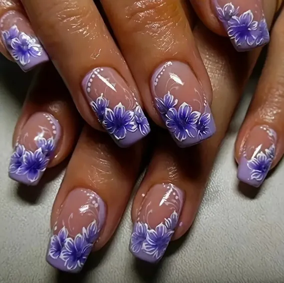 Purple Flower Press On Nails Short Square Artificial False Nails Women French Tip Manicure Art Decorations Plastic