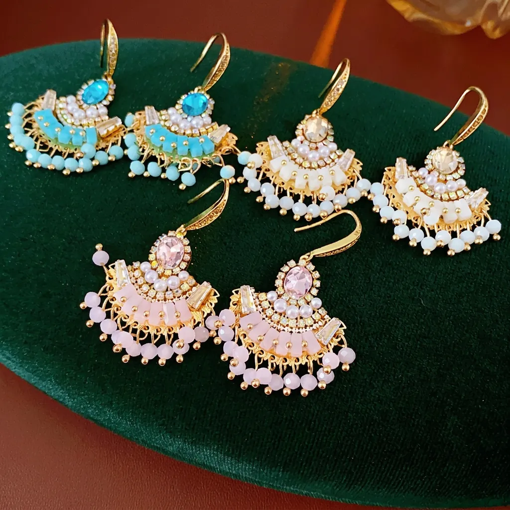 Boucles Oreilles Crochet Pampille Forme Éventail Alliage Zircon Verre Künstliche Perle Avec Silver Earring Post Bohême Ethnique Femme