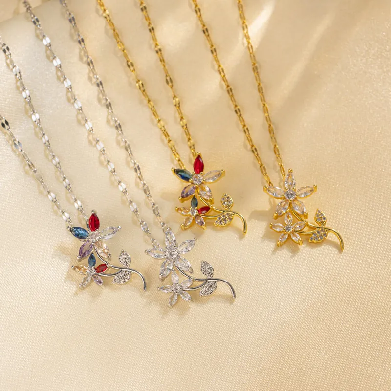 Vintage Stainless Steel Flower Pendant Necklace For Women Elegant Colorful Rhinestone Floral Charm Chain Jewelry Gift