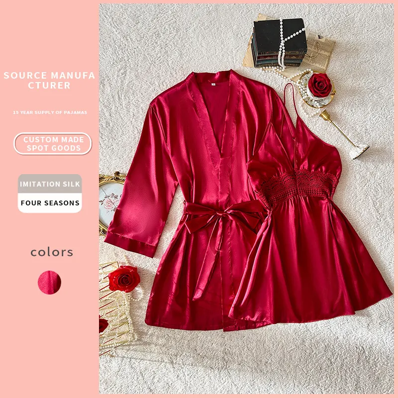 Robe De Chambre Et Nuisette Pyjama Imitation Satin Satin Dentelle Col V Tenue De Détente Sexy Rouge Élégant