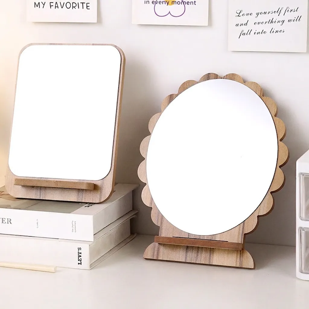 Desktop Makeup Mirror Wood Frame Portable Foldable Vanity Mirror With Stand HD Glass For Dormitory Bedroom