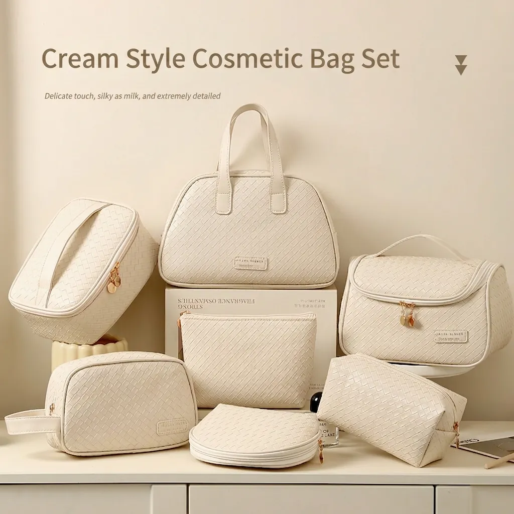 Woven PU Leather Makeup Bag Large Capacity Waterproof Portable Travel Toiletry Storage Organizer For Women