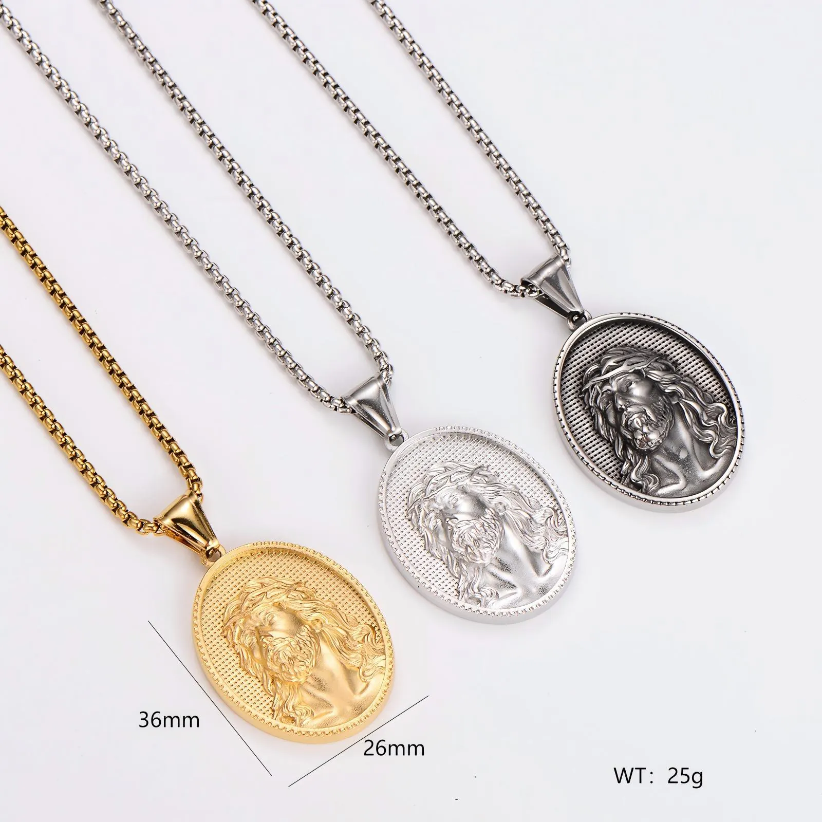 Religious Jesus Head Portrait Pendant Necklace Oval Thorn Relief Metal Retro Hip Hop Jewelry Accessory For Men