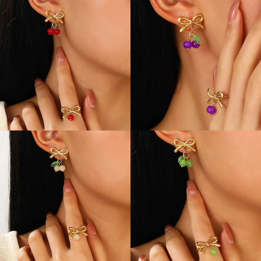 Stainless Steel Bowknot Cherry Bead Jewelry Earrings Ring Necklace Bracelet Pastoral Style Sweet Accessories For Women