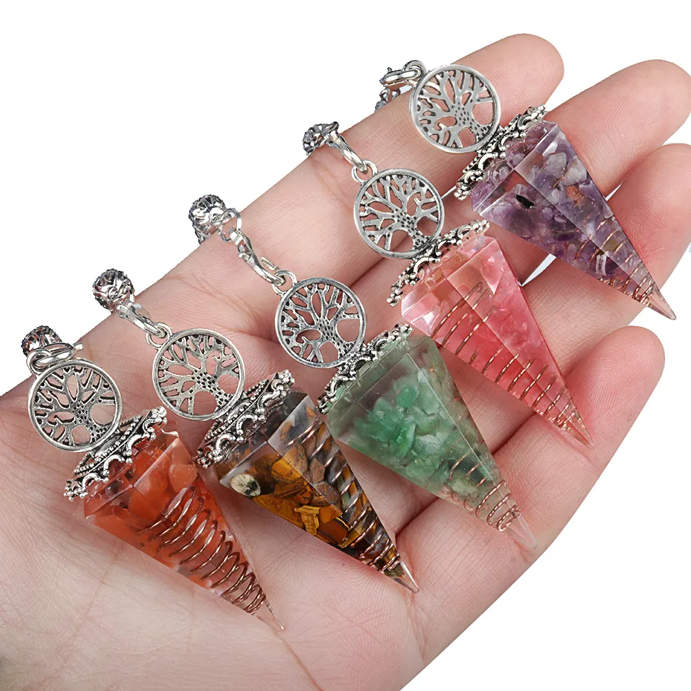 Tree Of Life Dowsing Pendulum Necklace Healing Crystal Resin Stone Hexagonal Cone Point Orgone Energy Jewelry