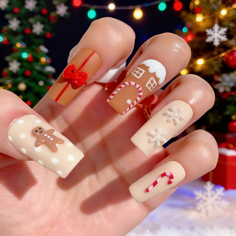 Christmas Press On Nails 3D Gingerbread Man Snowflake Matte Long Coffin False Nails For Women Holiday Cute