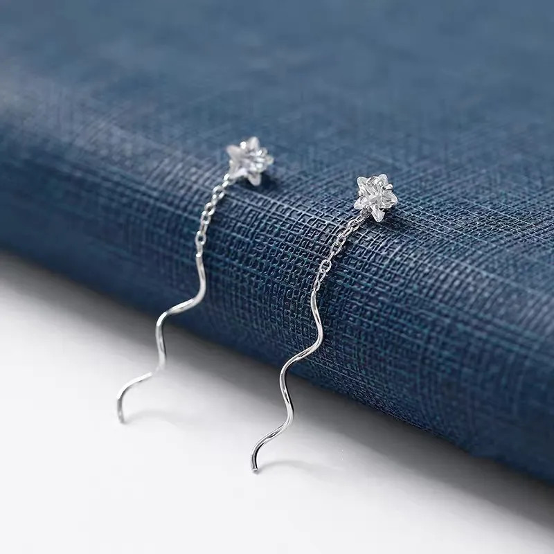 Orecchini a Filo in Argento Sterling 925 con Nappina a Stella per Donna Linea a Onda Minimalista Pentagramma con Strass Gioielli alla Moda