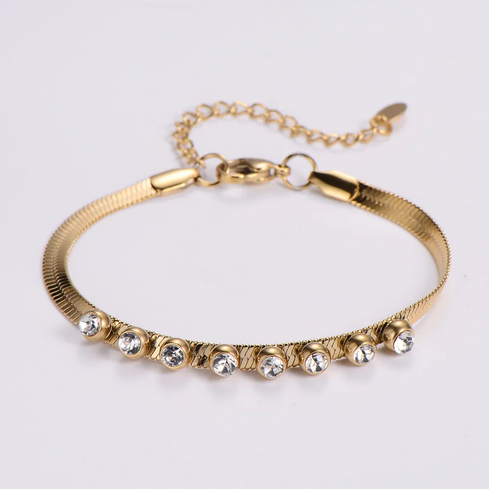 Stainless Steel Flat Snake Chain Bracelet With Inset Cubic Zirconia 18K Gold Plated Simple Elegant Adjustable For Women