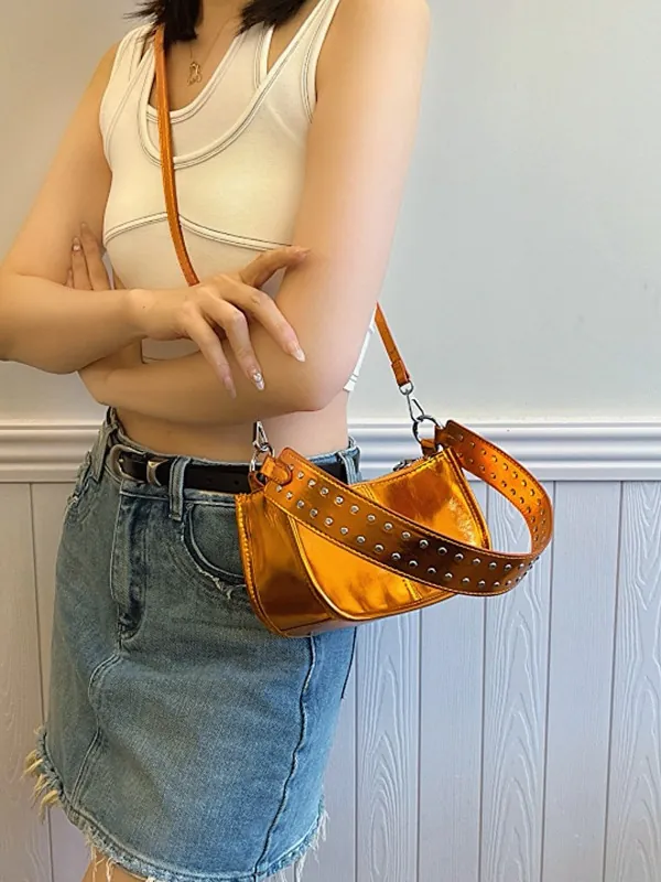 Metallic Glossy PU Leather Underarm Bag Y2K Rivet Studded Shoulder Handbag For Women Fashion