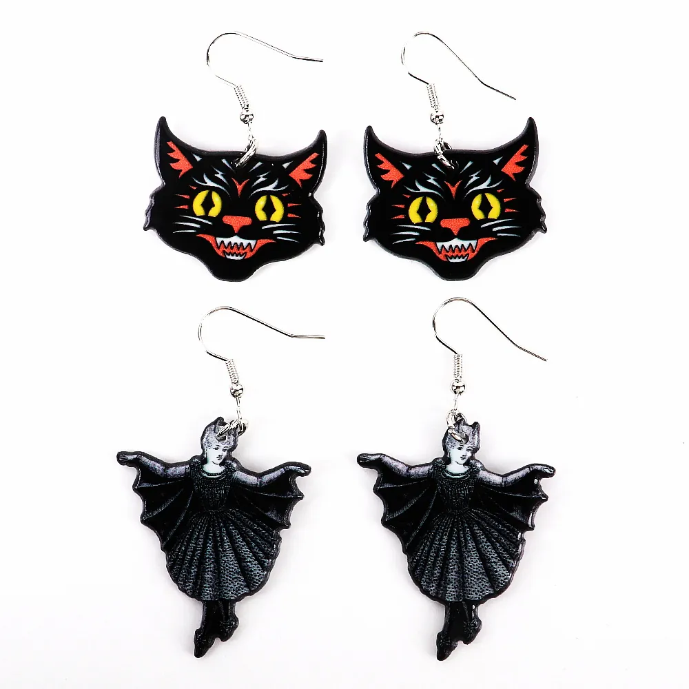 Halloween Novelty Drop Earrings Acrylic Black Cat Witch Bat And Skull Mermaid Design For Women Costume Party Accessories